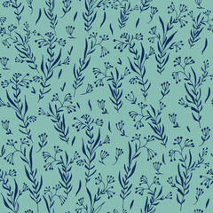 Seamless vector floral pattern. Navy branches and leaves on blue background.