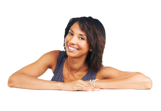 Portrait, happy and biracial woman isolated on transparent, png background for beauty, confidence and happiness. Smile on face of a young person or beautiful model on table for cosmetics and makeup