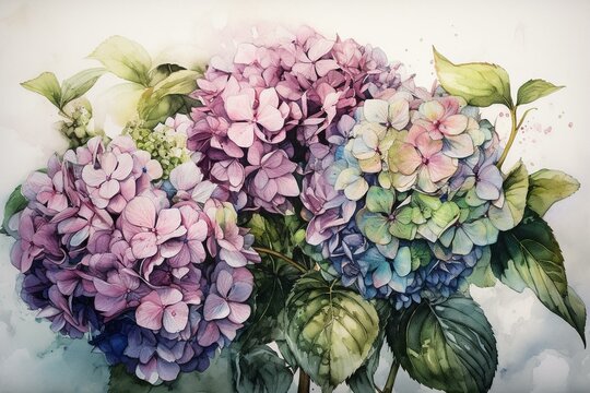 Watercolor drawing of blooming hydrangeas on paper. Generative AI