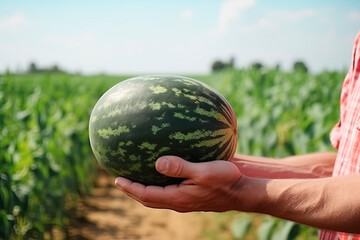 A man holds a watermelon in the background of the field. Farmer's hands close up. The concept of planting and harvesting a rich harvest. - obrazy, fototapety, plakaty