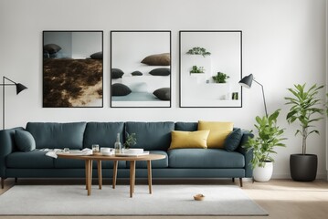 Interior mockup with picture frame on a Wall. Living room in pastel colors with sofa and painting on a wall 3D render.