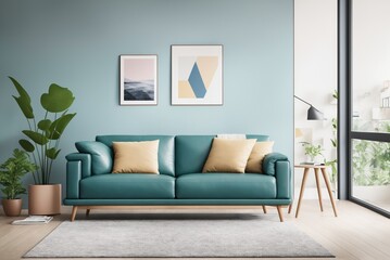 Interior mockup with picture frame on a Wall. Living room in pastel colors with sofa and painting on a wall 3D render.