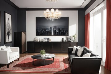 Interior mockup with picture frame on a Wall. Living room in pastel colors with sofa and painting on a wall 3D render.