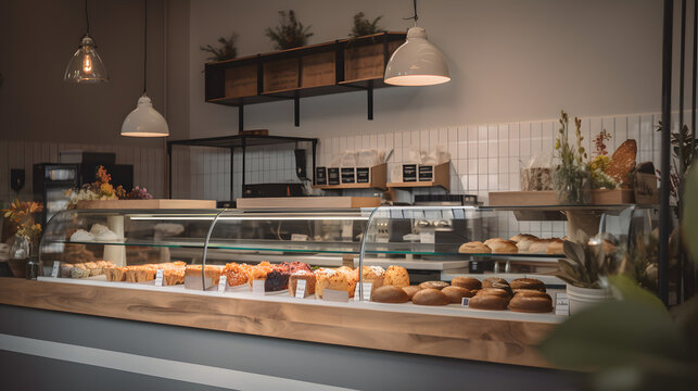 A coffee shop with a salad bar and bakery, adorned with modern decor. This advert photography showcases professional color grading, soft shadows, clean sharp focus, detailed features.