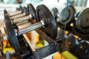 Fototapeta premium Various weight of dumbbells on a rack in indoor fitness center or gym.