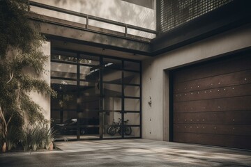 Plakat A glimpse of the garage door in a chic suburban residence. Generative AI