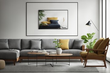 Interior mockup with picture frame on a Wall. Living room in pastel colors with sofa and painting on a wall 3D render.