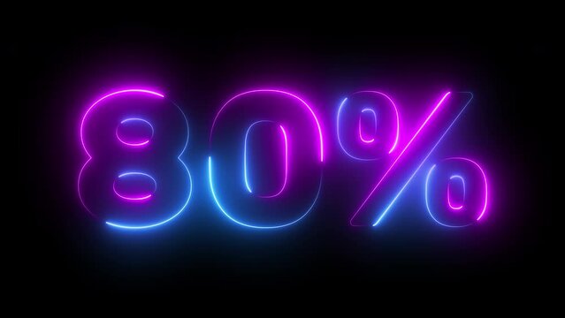 80 percent neon glowing sign on black background loop animation