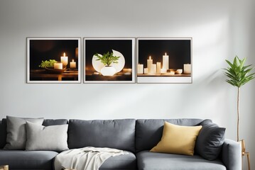 Interior mockup with picture frame on a Wall. Living room in pastel colors with sofa and painting on a wall 3D render.