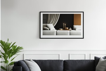 Interior mockup with picture frame on a Wall. Living room in pastel colors with sofa and painting on a wall 3D render.