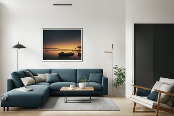 Interior mockup with picture frame on a Wall. Living room in pastel colors with sofa and painting on a wall 3D render.