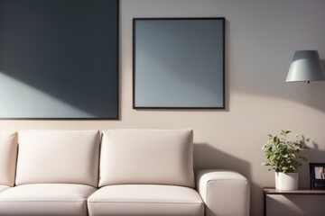 Interior mockup with picture frame on a Wall. Living room in pastel colors with sofa and painting on a wall 3D render.