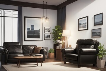 Interior mockup with picture frame on a Wall. Living room in pastel colors with sofa and painting on a wall 3D render.