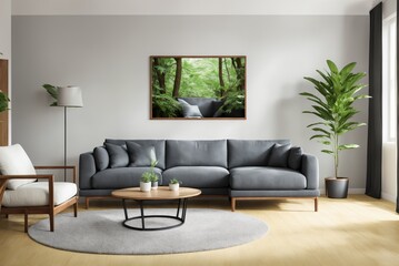 Fototapeta premium Interior mockup with picture frame on a Wall. Living room in pastel colors with sofa and painting on a wall 3D render.