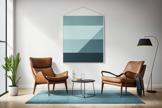 Interior mockup with picture frame on a Wall. Living room in pastel colors with sofa and painting on a wall 3D render.