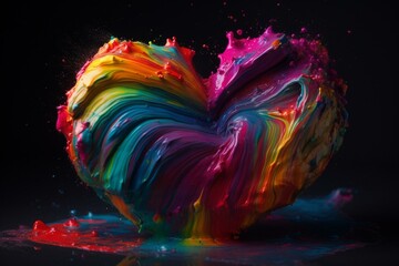 A beautiful heart-shaped abstract design using a paint of rainbow colors. Generative AI
