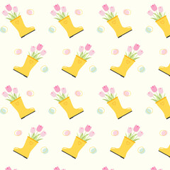 Seamless pattern with tulips in rubber boots. Hand drawn elements. Spring flowers. Vector illustration. Springtime, summertime concepts.