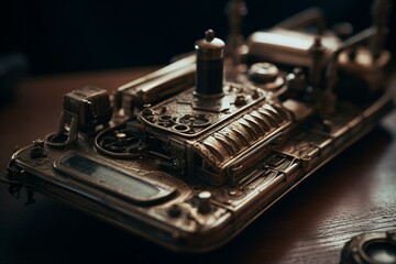 A detailed view of a vintage metallic mobile phone with steampunk elements. Generative AI