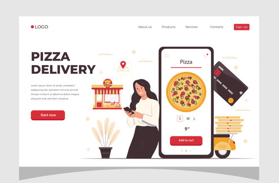 Food online order smartphone. Pizza delivery. Food delivery concept for banner, website design or landing web page.
