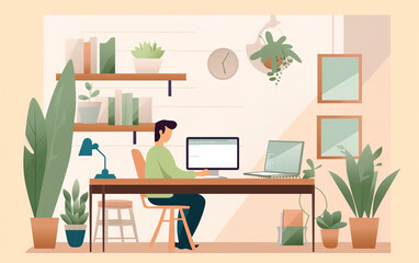 Flat illustration of man working from home. Generative AI.