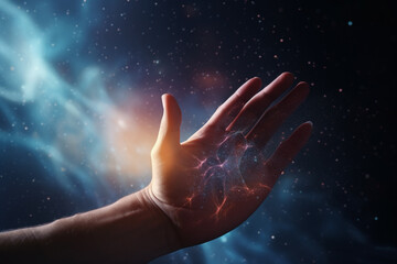Science and exploration, state of mind concept. Man hand touching universe. Copy space. Generative AI