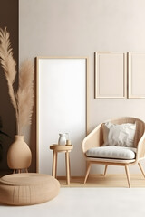 Mock up frame in home interior background, beige room with natural wooden furniture.