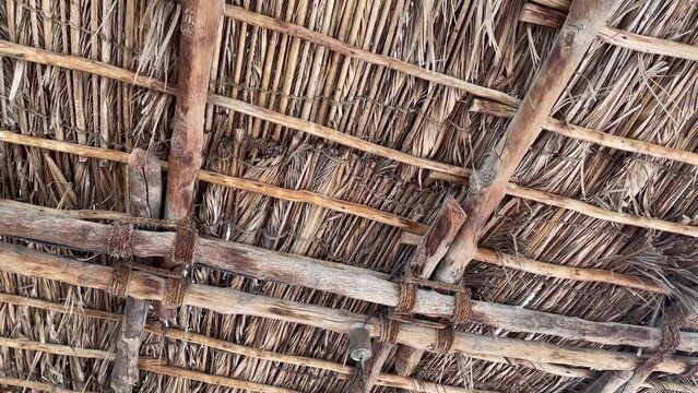 View from the south of a traditional thatched roof in a rural village. The thatched roof can protect from the sun, rain and well ventilated