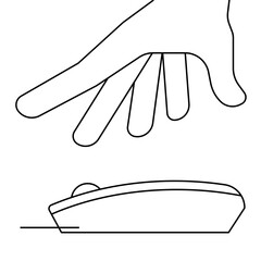 Hand on computer mouse, icon. Clicking with mouse concept. Vector illustration. 