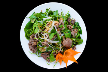 Vietnamese stir fried chayote with beef isolated on black background