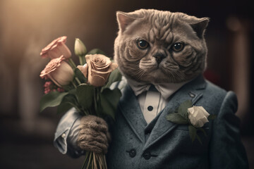 cute cat with flowers. Created with AI technology