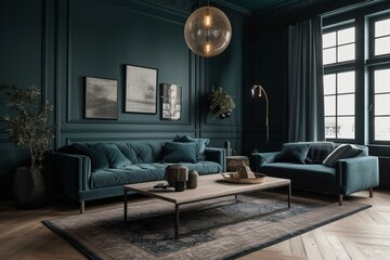 Renovated blue living room. Generative AI
