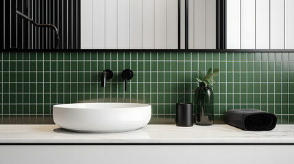 The scene is set in a modern and minimalist bathroom with a stunning vanity design, featuring a sleek marble countertop and a white round ceramic washbasin. The countertop is positioned against a clea