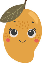 Cute mango fruit vector, Fruit with face, Happy mango vector, Summer fruit with eyes, Kids funny illustration