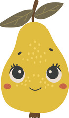 Cute pear fruit vector, Fruit with face, Happy pear vector, Summer fruit with eyes, Kids funny illustration