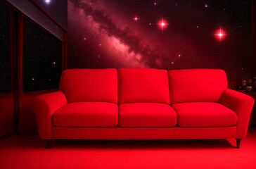 Red sofa on the background of the night and starry sky. Generative AI.