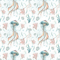 Jellyfish with sea shells, algae, corals and bubbles on a white background. Hand-drawn watercolor illustration. Seamless pattern for fabric, textile, wallpaper, packaging, clothing, summer and beach