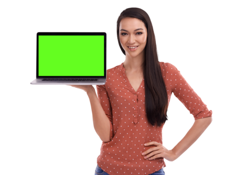 Woman, portrait and laptop for mock up, green screen or presentation of website, logo or app by transparent png background. Isolated student girl, computer and mockup space, promotion and web review