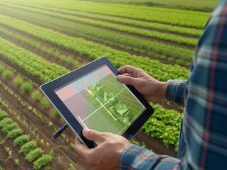 Dynamic IoT agriculture concept: agronomist using AI software to control farm robotics and machinery. generative ai - obrazy, fototapety, plakaty