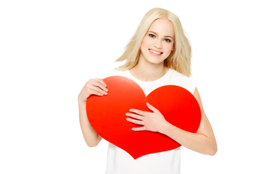 Portrait, happy and woman with heart paper, emoji icon or love symbol for Valentines Day, care or support. Happiness, smile and person with red romance sign isolated on a transparent, png background