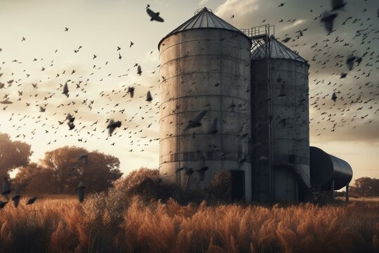 Artistic Depiction Of Birds On Rural Silos. Generative AI