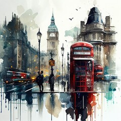 Fototapeta na wymiar London in watercolor style by Generative AI