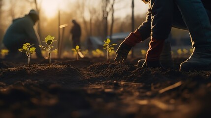 Person Planting Trees in a Community Garden to Promote Local Food Production and Habitat Restoration. Generative AI