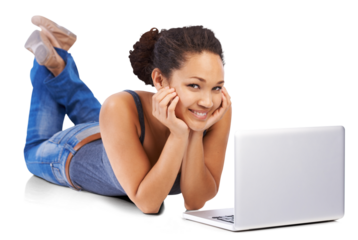 Laptop, smile and portrait of woman or student lying down on the floor isolated in a transparent png background. Technology, social media and female person relax while on the internet, web or website