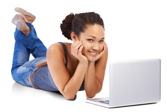 Laptop, smile and portrait of woman or student lying down on the floor isolated in a transparent png background. Technology, social media and female person relax while on the internet, web or website