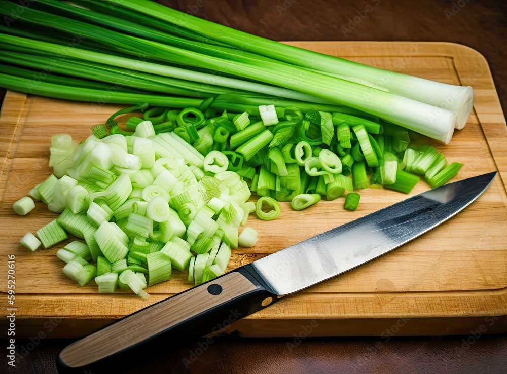 Poster green onion isolated on cutting board created with generative ai technology