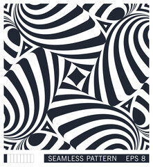 Seamless pattern. Op art striped optical illusion. Hypnotic geometric composition. Vector template