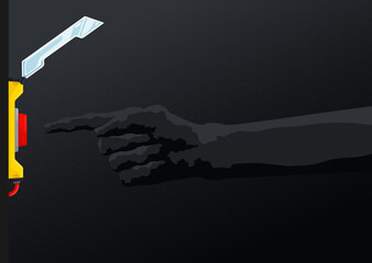 Scary black hand in the dark is about to press a red button. Conceptual illustration about nuclear war. Vector design