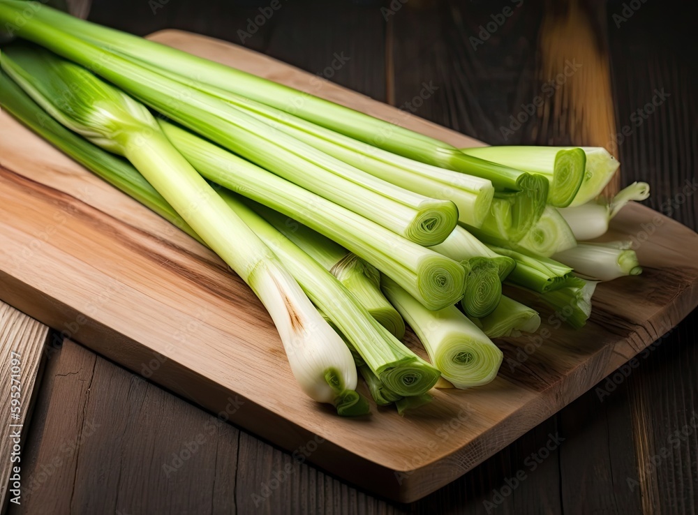 Poster green onion isolated on cutting board created with generative ai technology