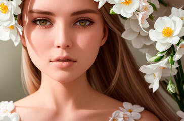Obraz na płótnie Canvas Beautiful woman in daisies. Portrait of pretty model with composition of chamomile. Generative AI.