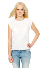 Portrait of woman, casual fashion and blonde hair with denim jeans isolated on transparent, png...